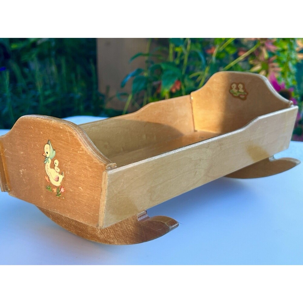 1950s Strombecker Wooden Doll Cradle Duck Decals 8” Doll Rocking Bed Vintage